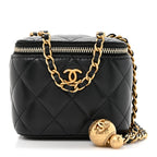 Lambskin Quilted Mini Pearl Crush Vanity Case With Chain Black