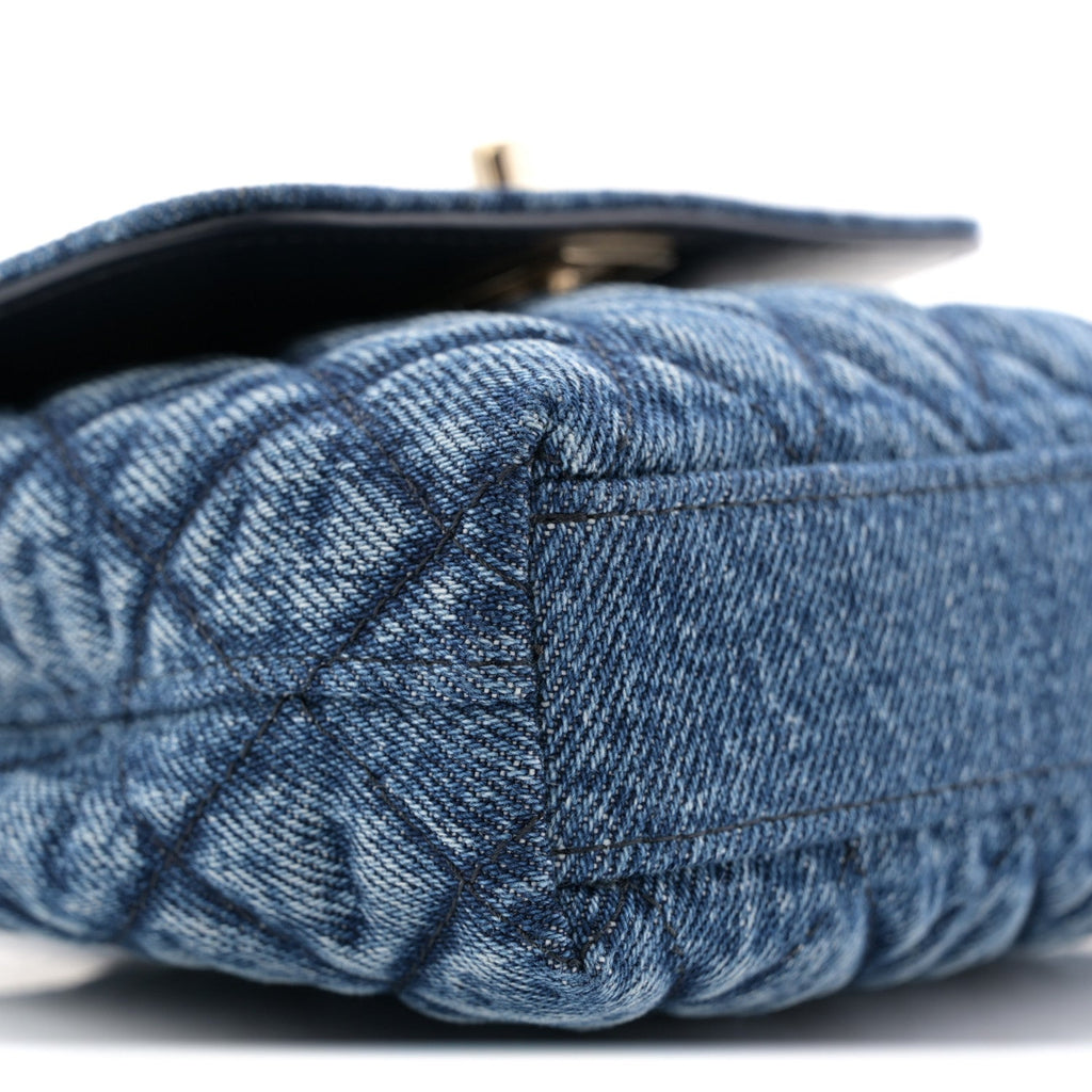Washed Denim Quilted Coco Handle Clutch With Chain Blue