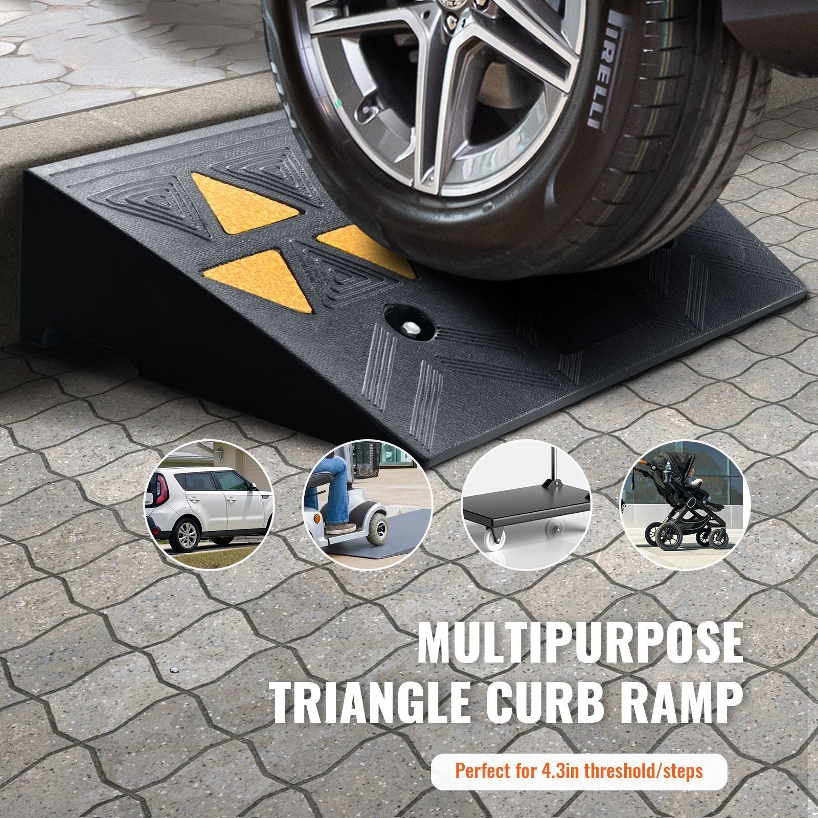 Rubber Curb Ramp 2 Pack, 4.3" Rise Height Heavy-Duty 33069 lbs/15 T Capacity Threshold Ramps, Driveway Ramps with Stable Grid Structure for Cars, Wheelchairs, Bikes, Motorcycles