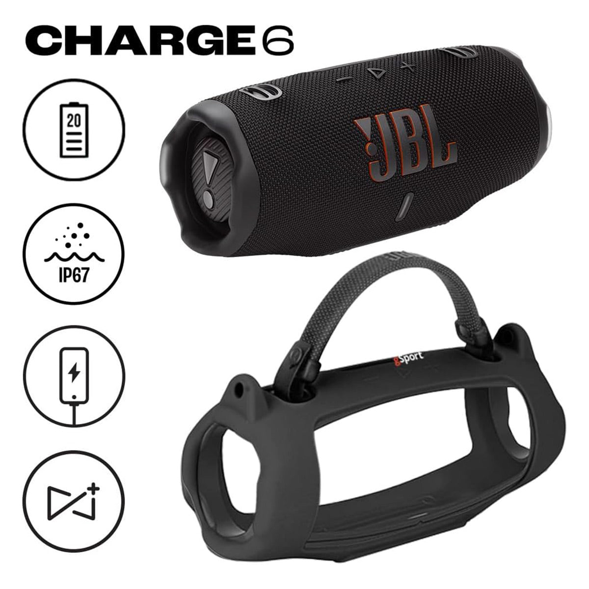 JBL Charge 6 Waterproof Portable Speaker Bundle with gSport Silicone Sleeve (Black)
