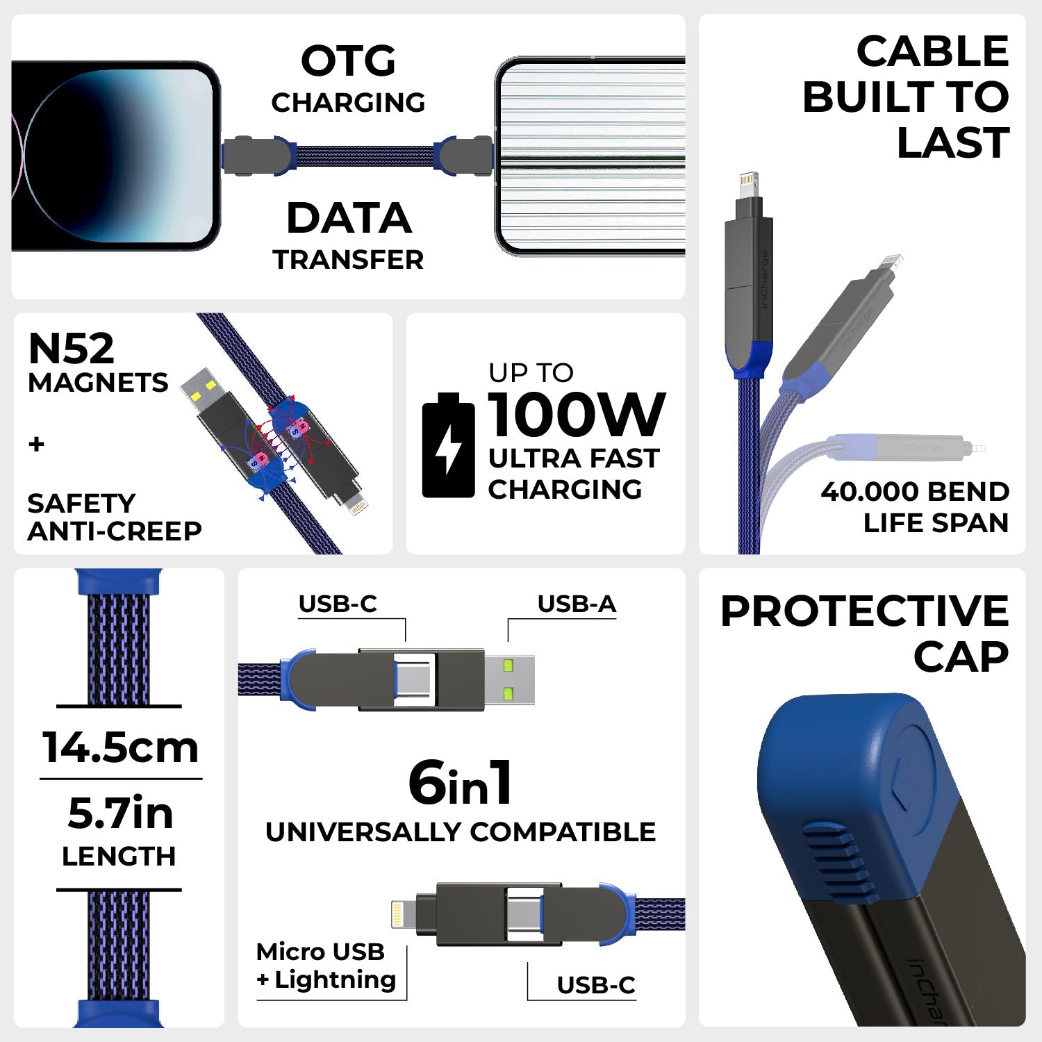 inCharge® X - 100W, 6in1 keyring cable
