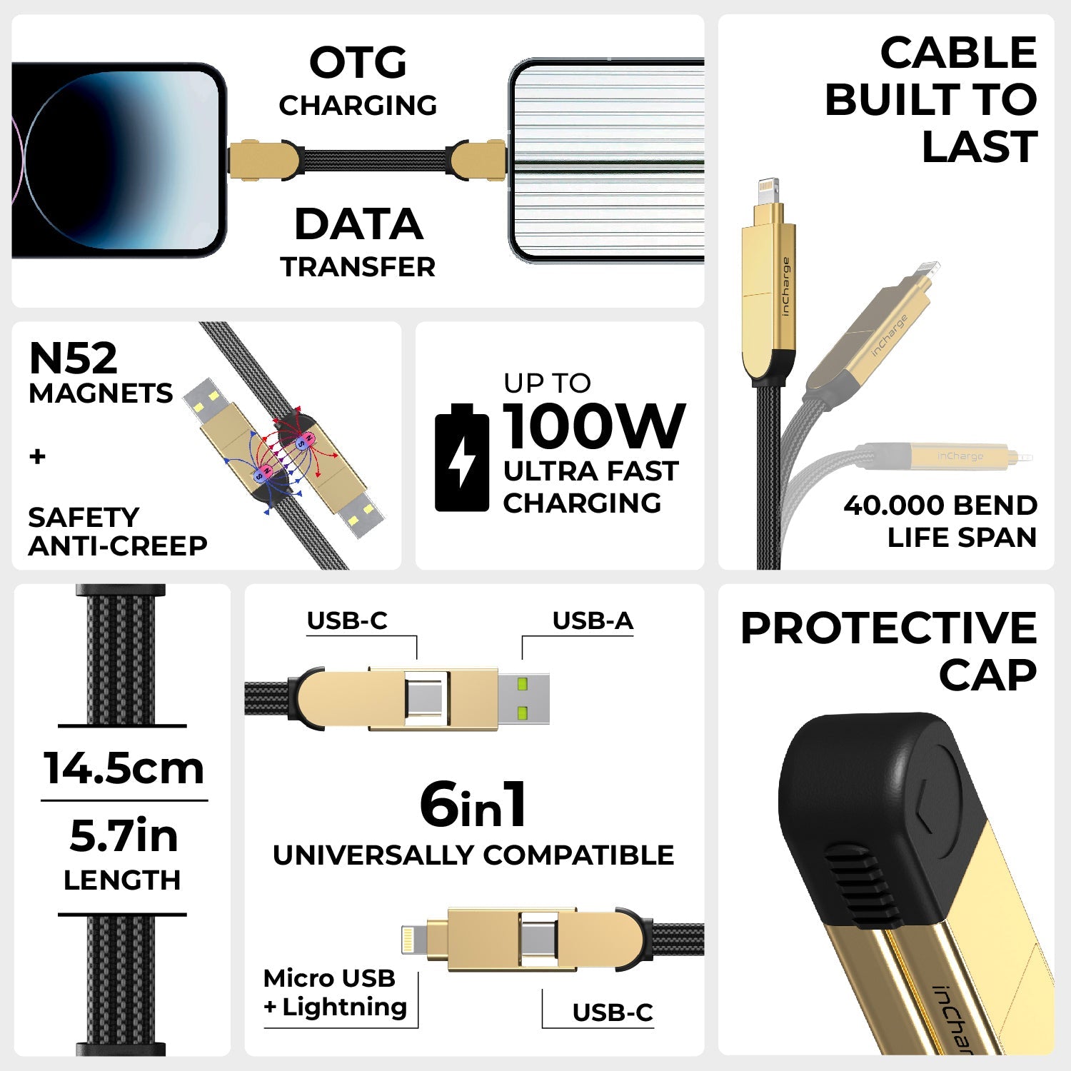 inCharge® X - 100W, 6in1 keyring cable