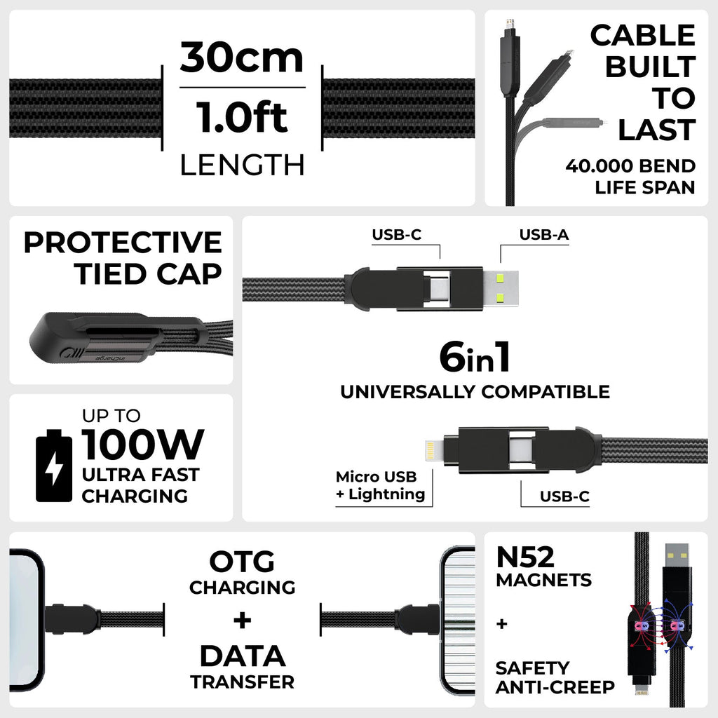 inCharge® XL 30cm / 1ft - 100W, 6in1 travel cable