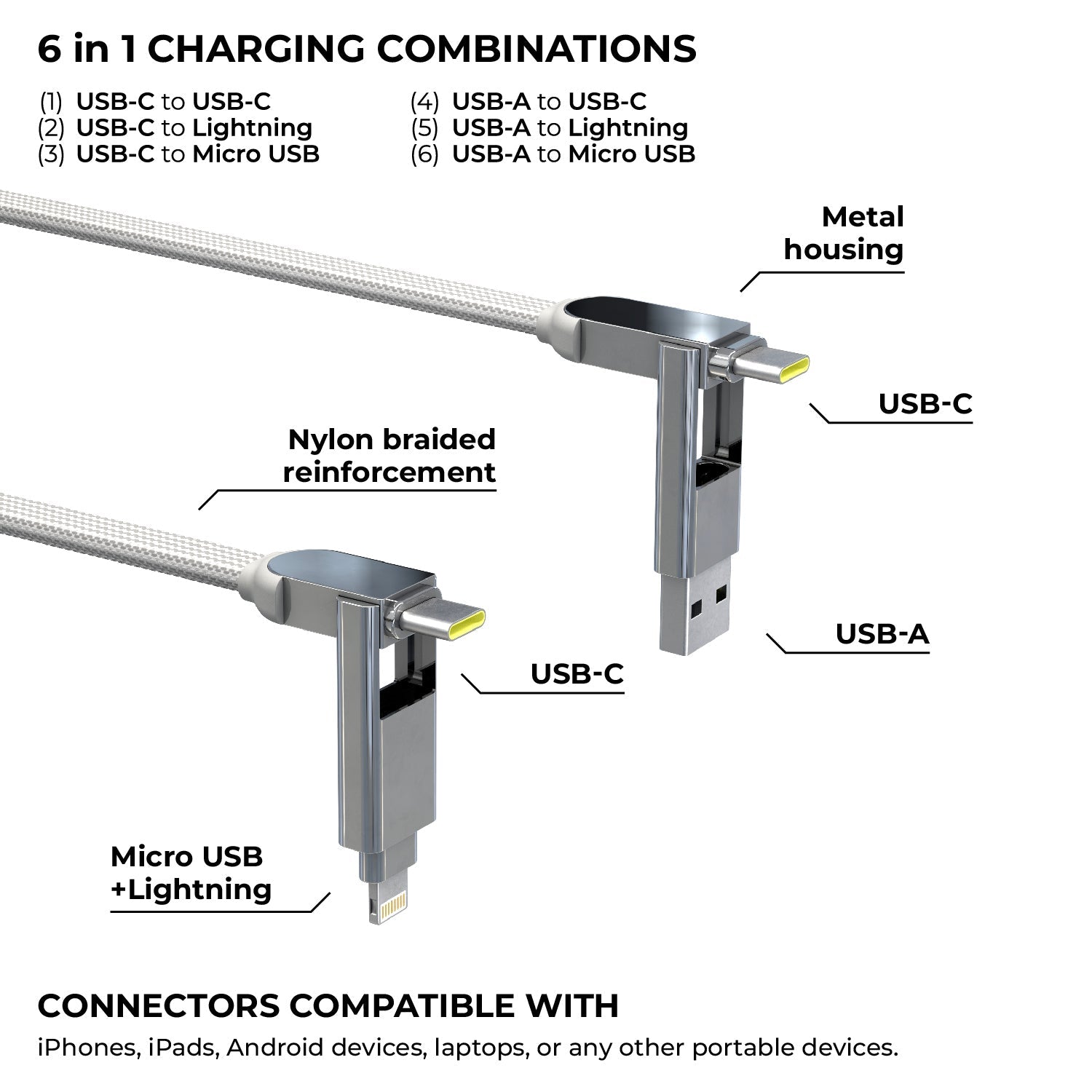 inCharge® XL 30cm / 1ft - 100W, 6in1 travel cable
