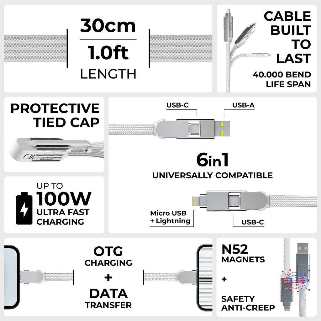 inCharge® XL 30cm / 1ft - 100W, 6in1 travel cable