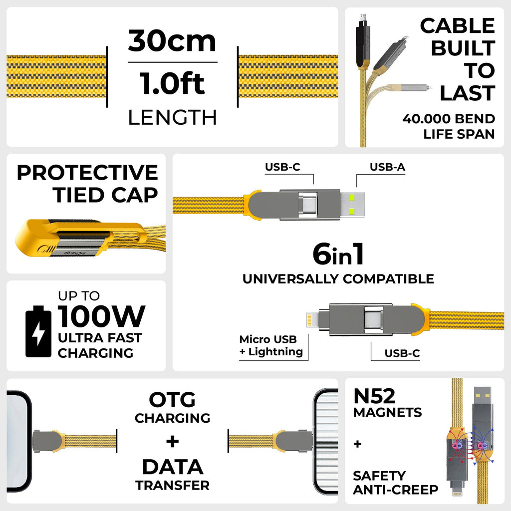 inCharge® XL 30cm / 1ft - 100W, 6in1 travel cable