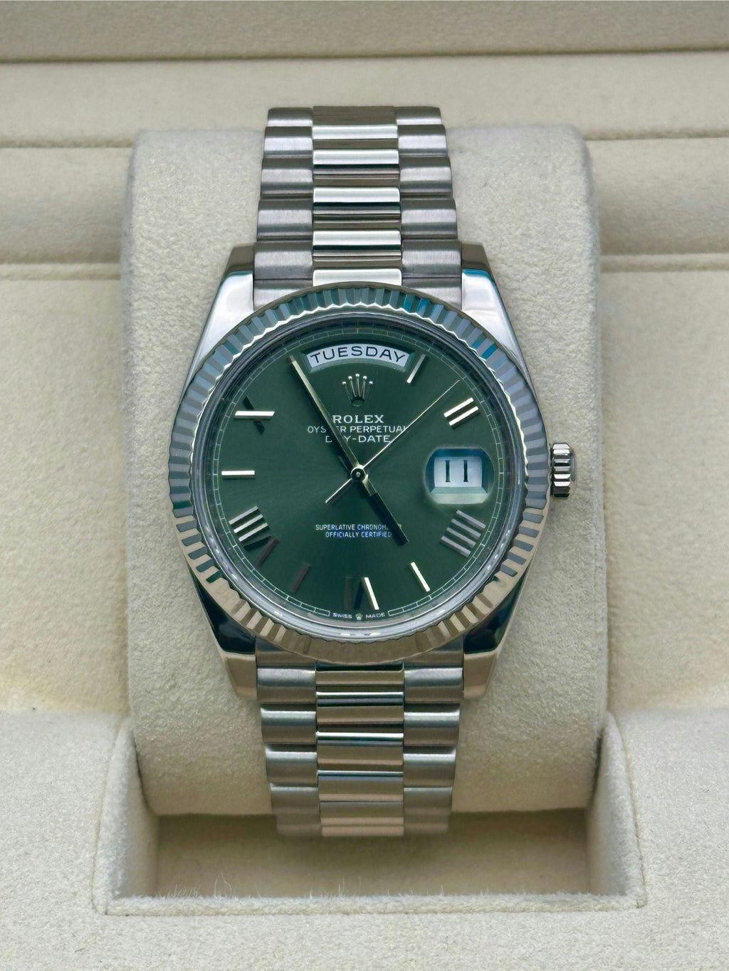 Rolex White Gold Day-Date 40  - Olive Green Bevelled Roman Dial - President Bracelet - 228239 ogrp