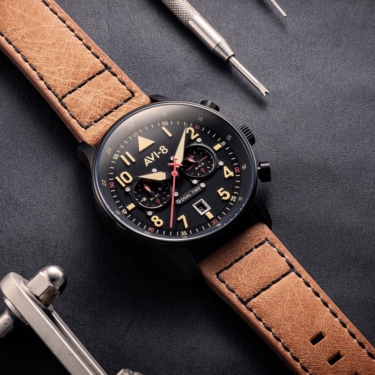 AVI-8 Carey Dual Time Black Brown Men's Watch