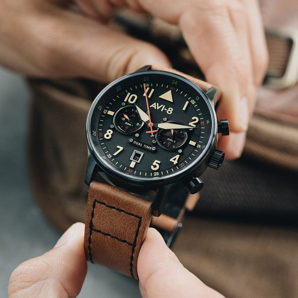 AVI-8 Carey Dual Time Black Brown Men's Watch