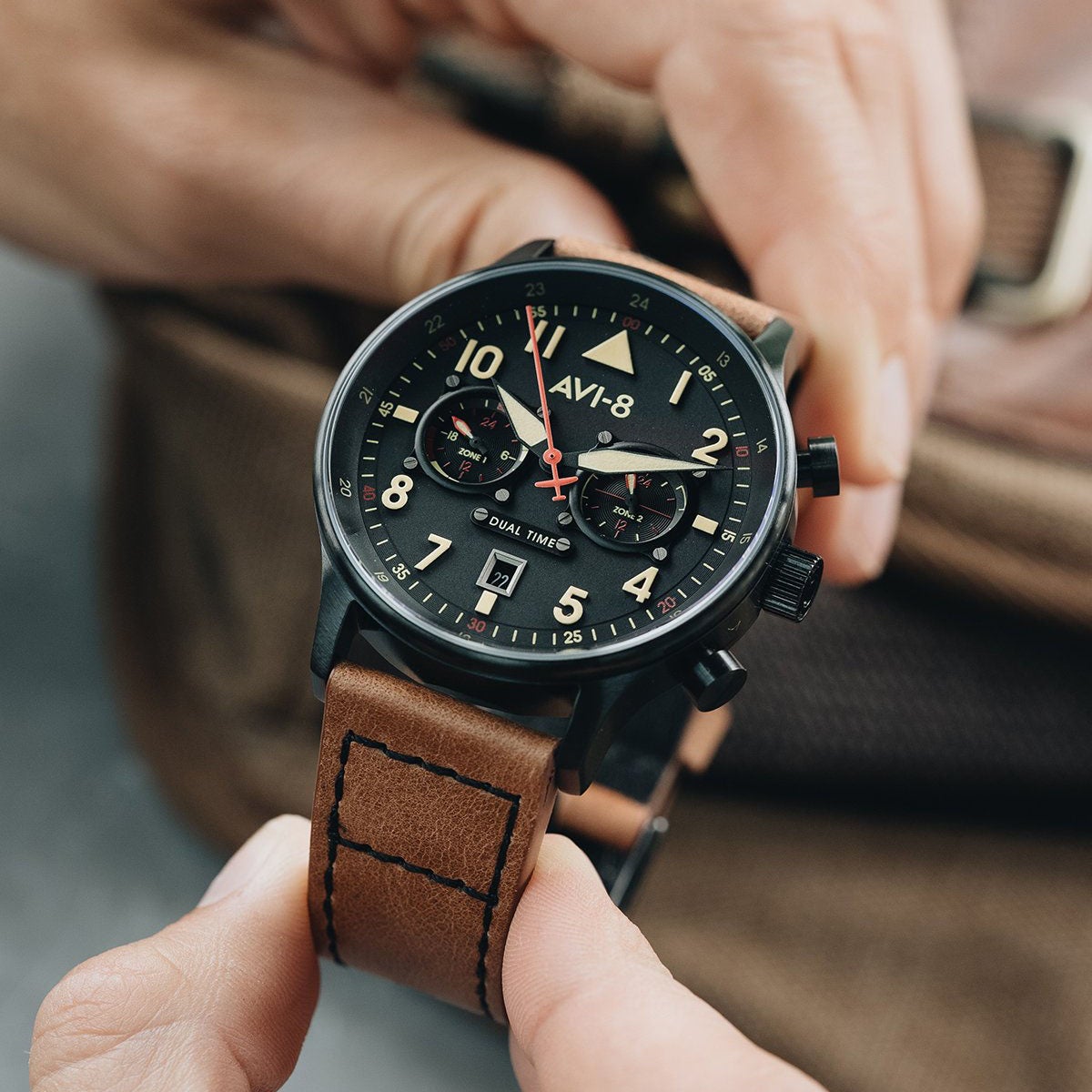 AVI-8 Carey Dual Time Black Brown Men's Watch