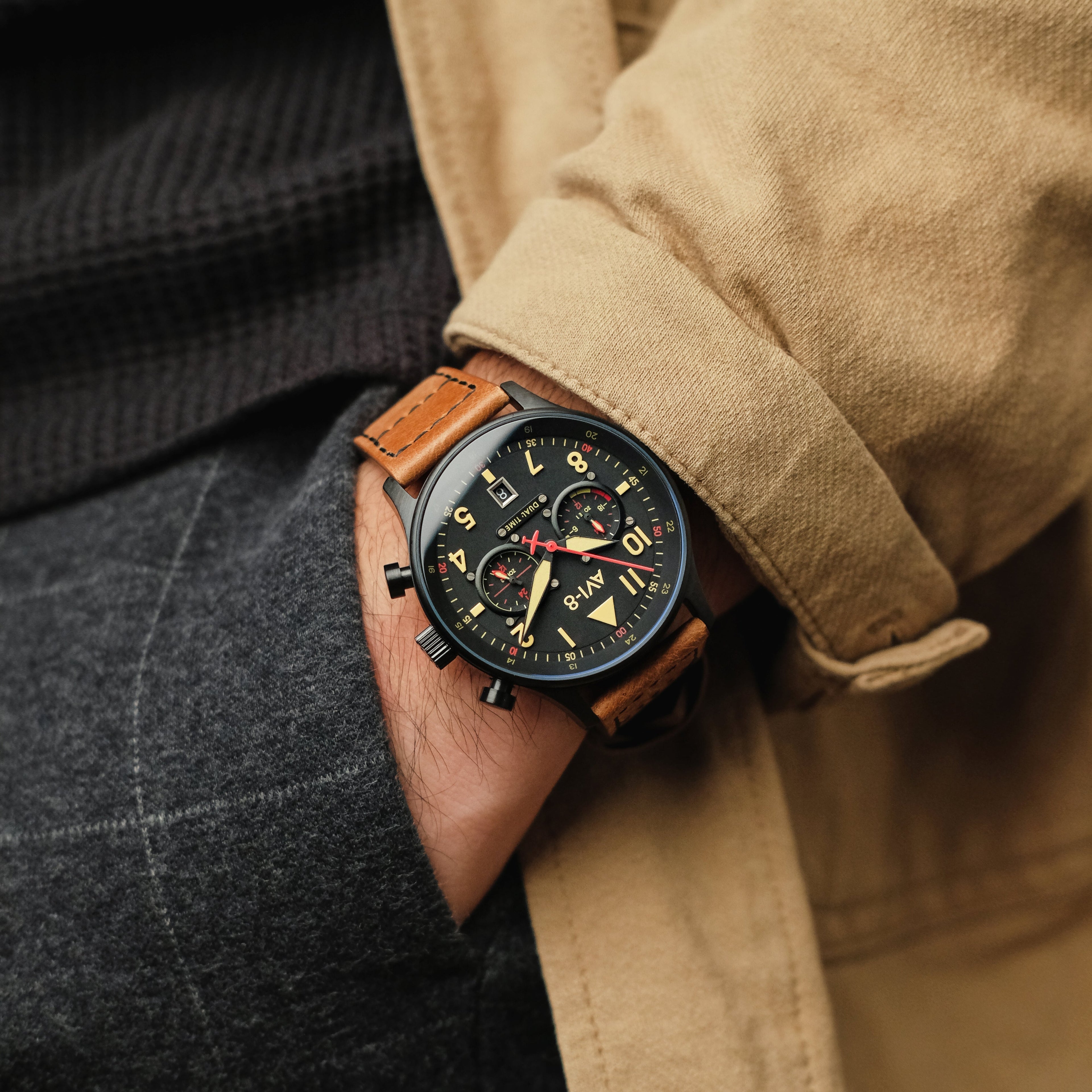 AVI-8 Carey Dual Time Black Brown Men's Watch