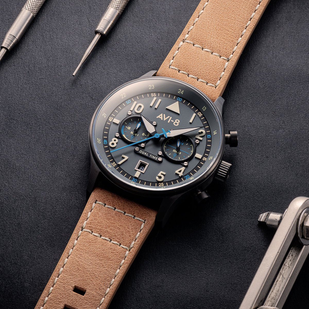 AVI-8 Carey Dual Time Men's Grey Brown Watch