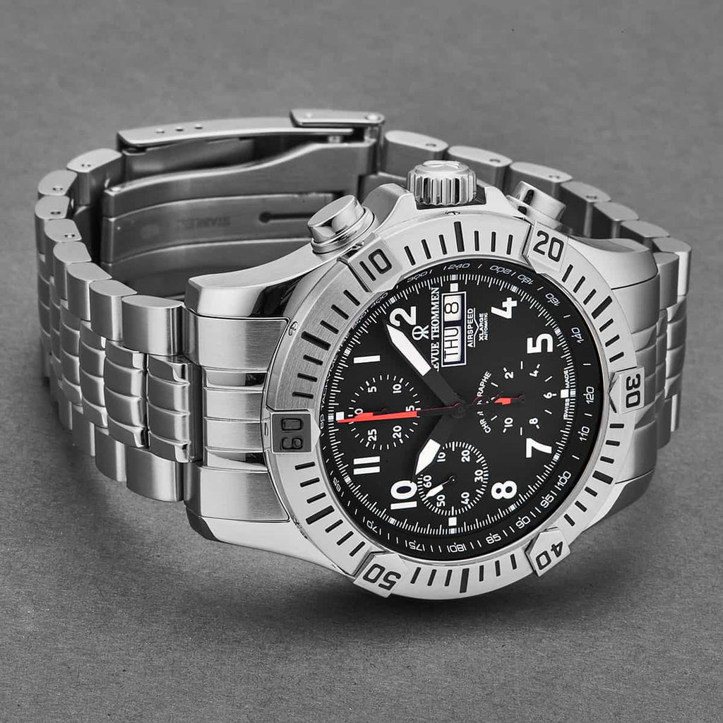 Revue Thommen Airspeed Men's 44mm Black Dial Stainless Steel Chronograph Automatic Watch
