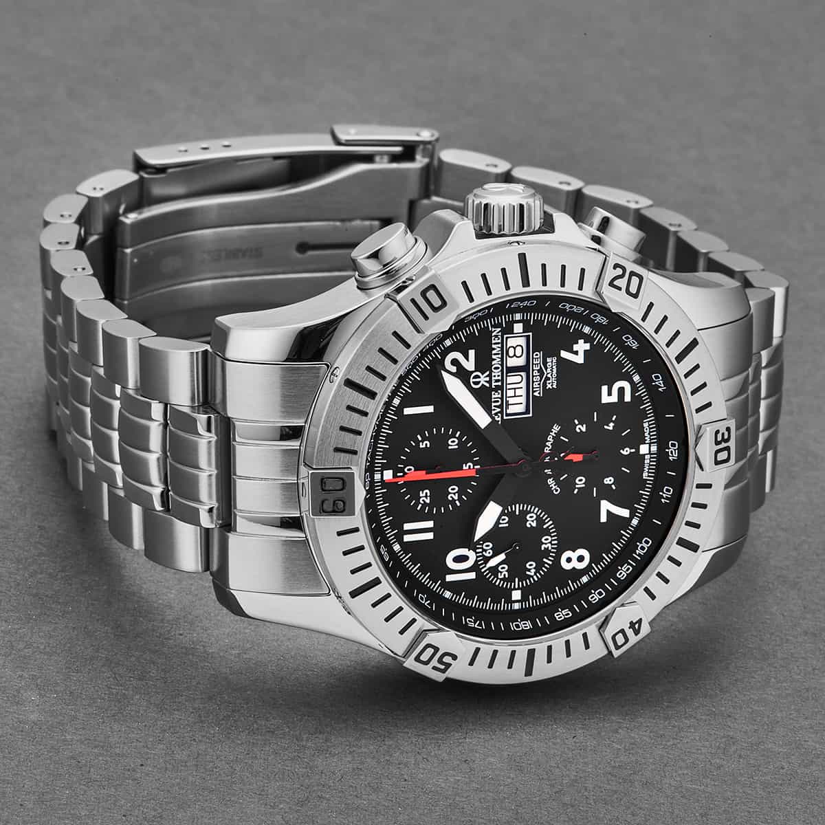 Revue Thommen Airspeed Men's 44mm Black Dial Stainless Steel Chronograph Automatic Watch