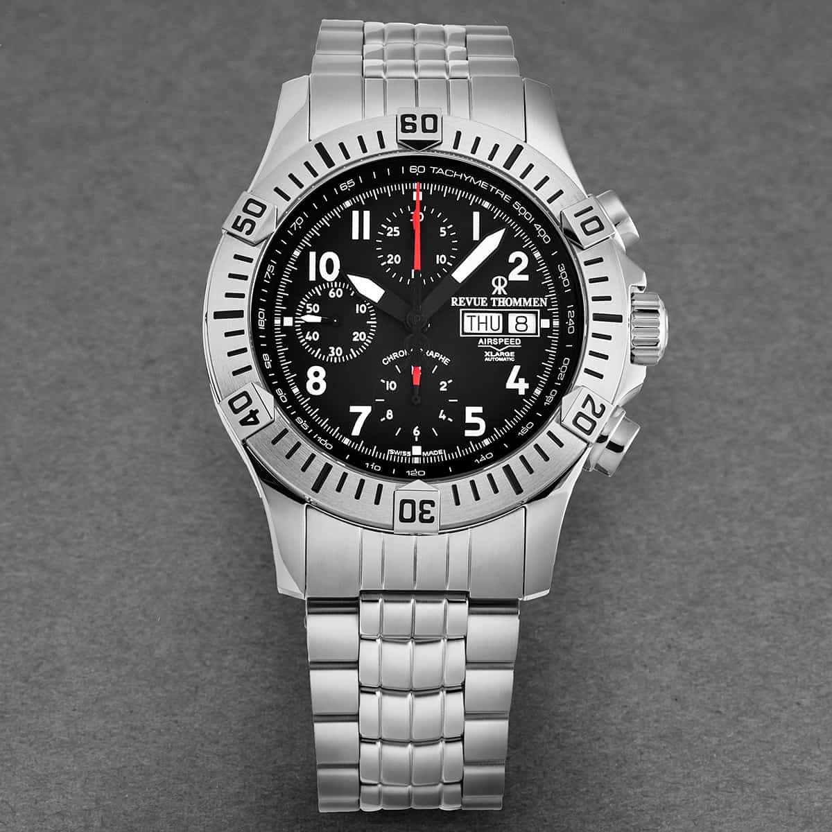 Revue Thommen Airspeed Men's 44mm Black Dial Stainless Steel Chronograph Automatic Watch