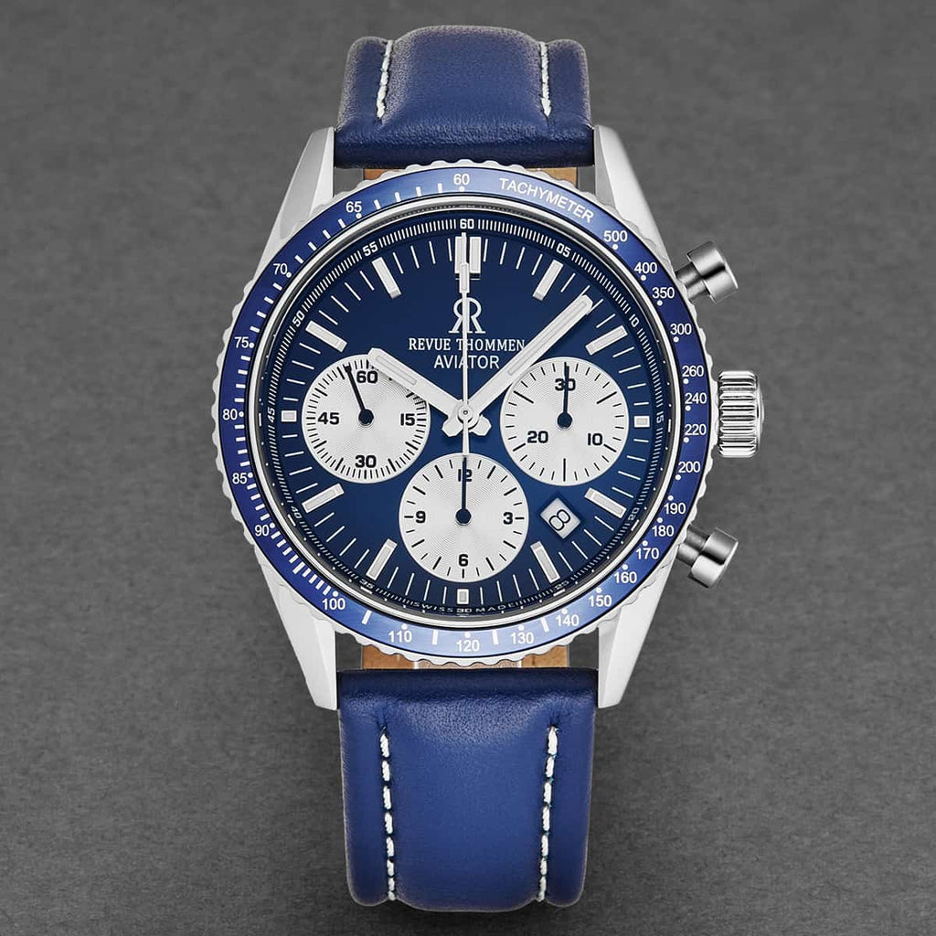 Revue Thommen Aviator Men's 42mm Blue Leather Chronograph Automatic Watch
