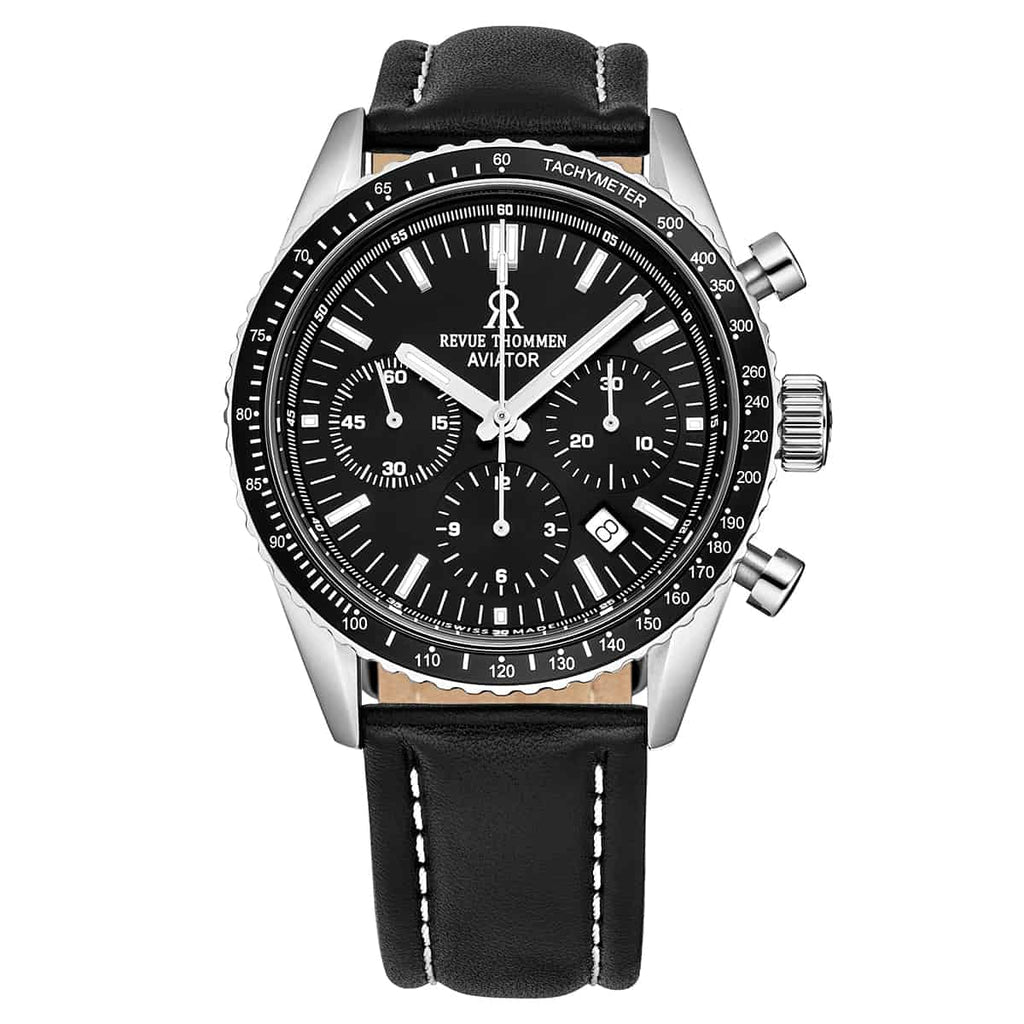 Revue Thommen Aviator Men's Black Leather Strap Chronograph Automatic Watch