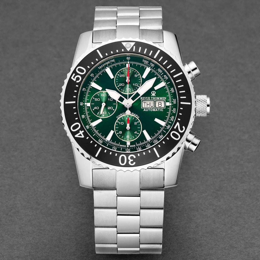 Revue Thommen Diver Men's 45mm Green Stainless Steel Automatic Chronograph Watch