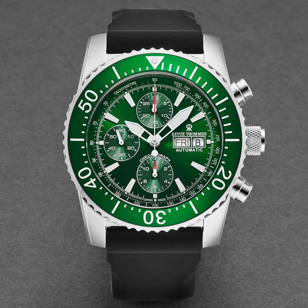 Revue Thommen Diver Men's 46mm Green Rubber Chronograph Automatic Watch
