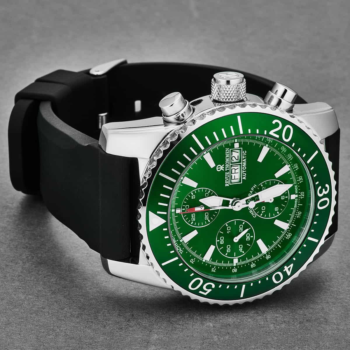 Revue Thommen Diver Men's 46mm Green Rubber Chronograph Automatic Watch