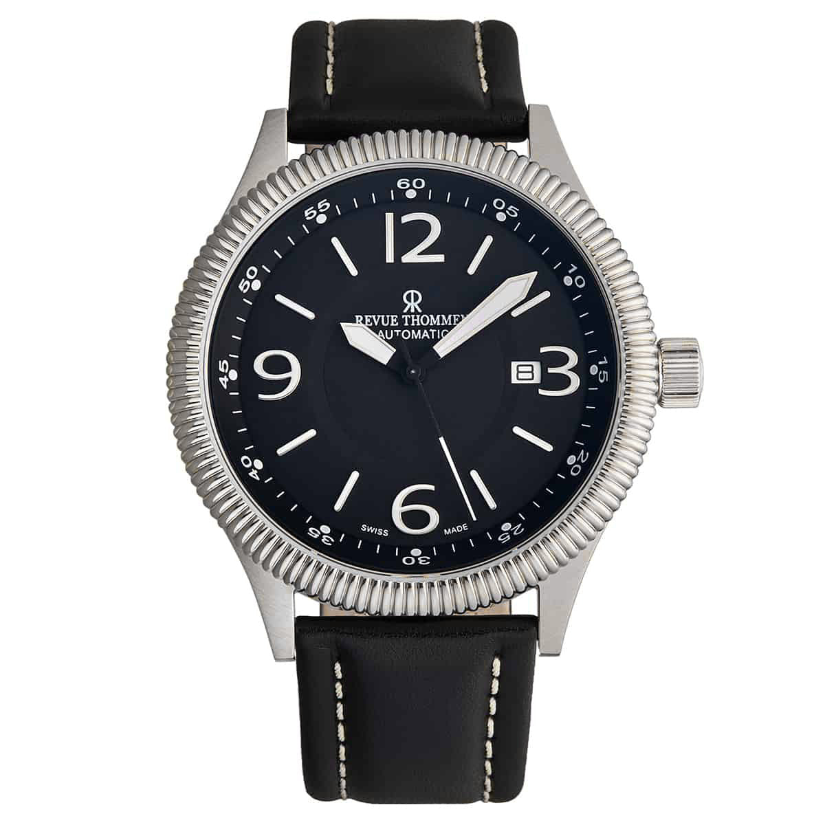 Revue Thommen Pilot Men's Black Dial Leather Strap Stainless Steel Automatic Watch
