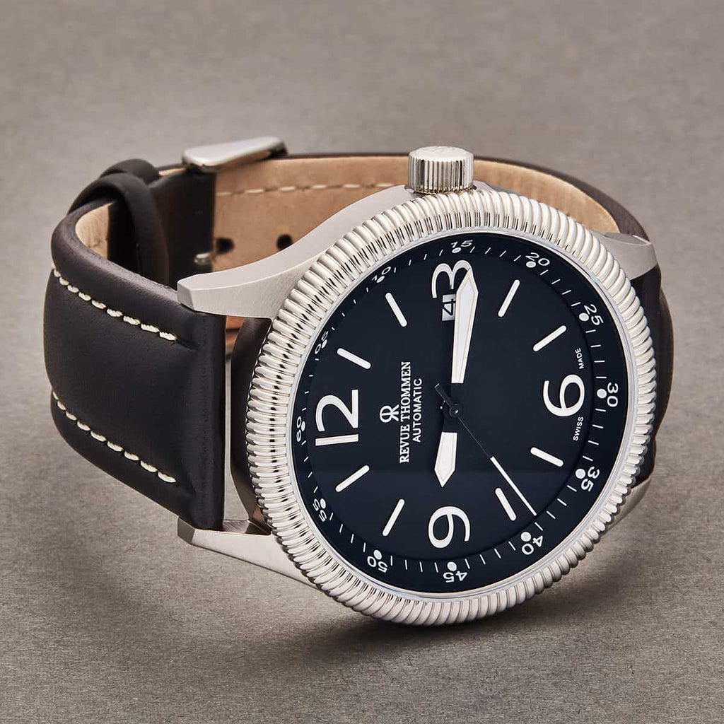 Revue Thommen Pilot Men's Black Dial Leather Strap Stainless Steel Automatic Watch