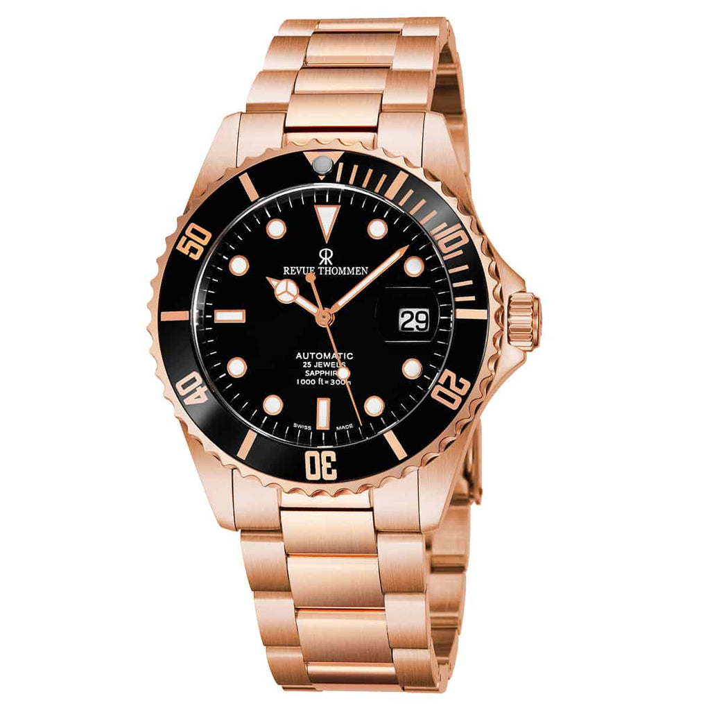 Revue Thommen Diver Men's 42mm Black Rose Gold Stainless Steel Automatic Watch