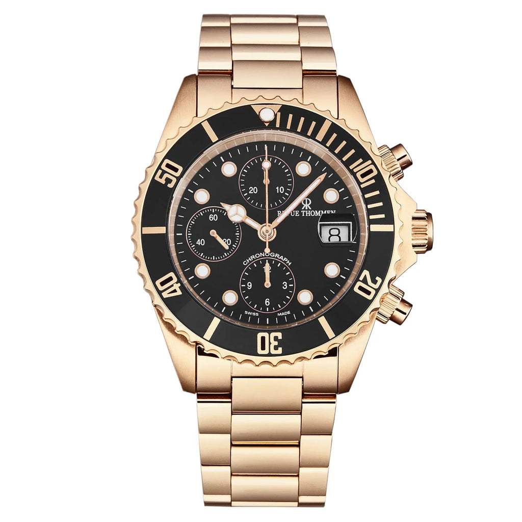 Revue Thommen Diver Men's 42mm Black Rose Gold Chronograph Automatic Watch