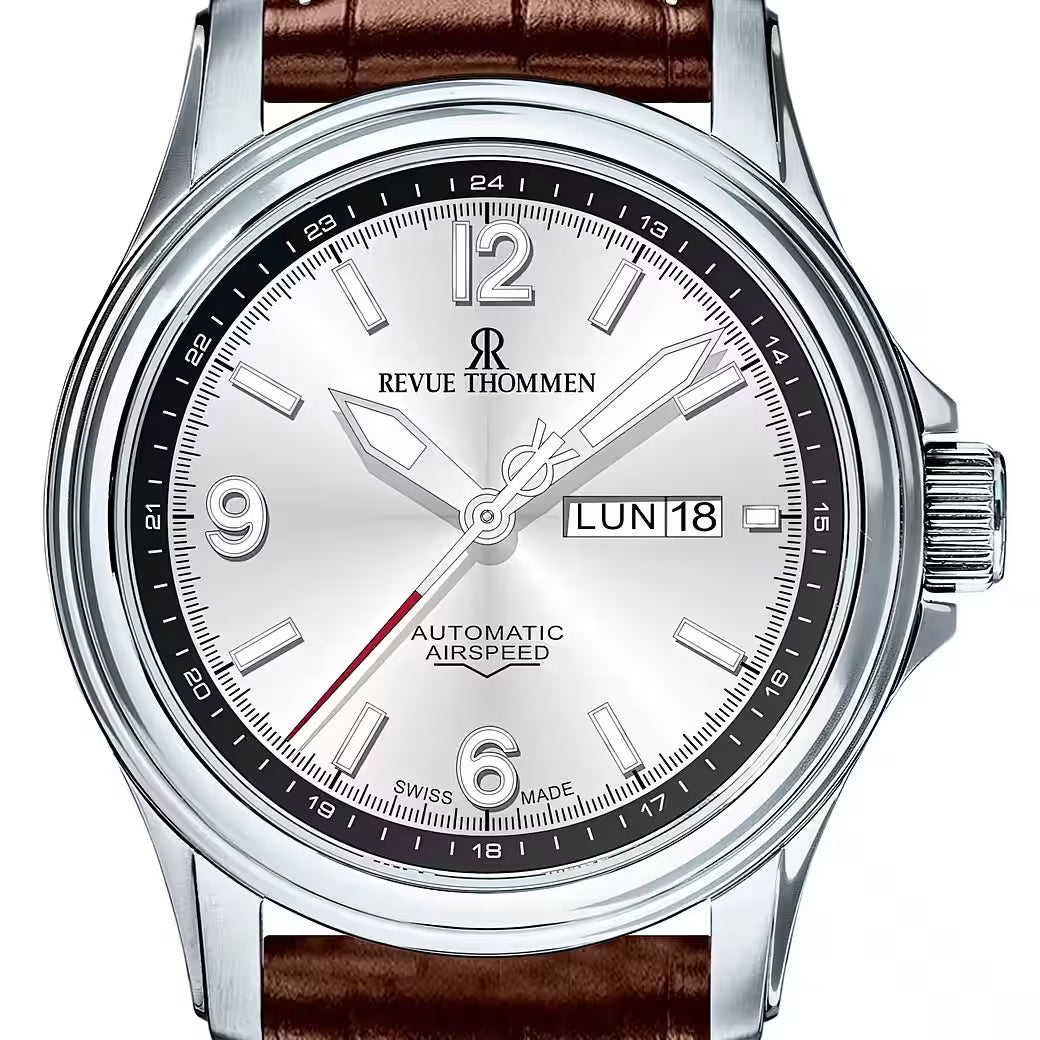 Revue Thommen Men's Airspeed Silver Brown Leather Strap Automatic Watch