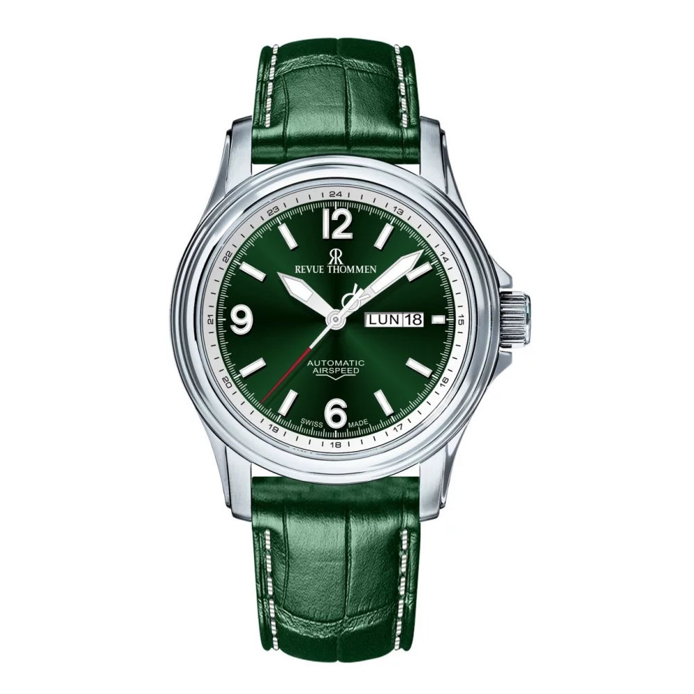 Revue Thommen Men's Airspeed Green Leather Strap Automatic Watch