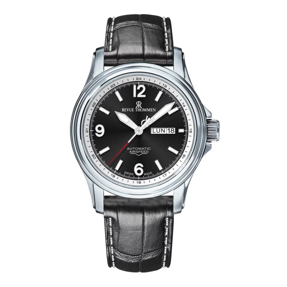 Revue Thommen Men's Airspeed Black Leather Strap Automatic Watch