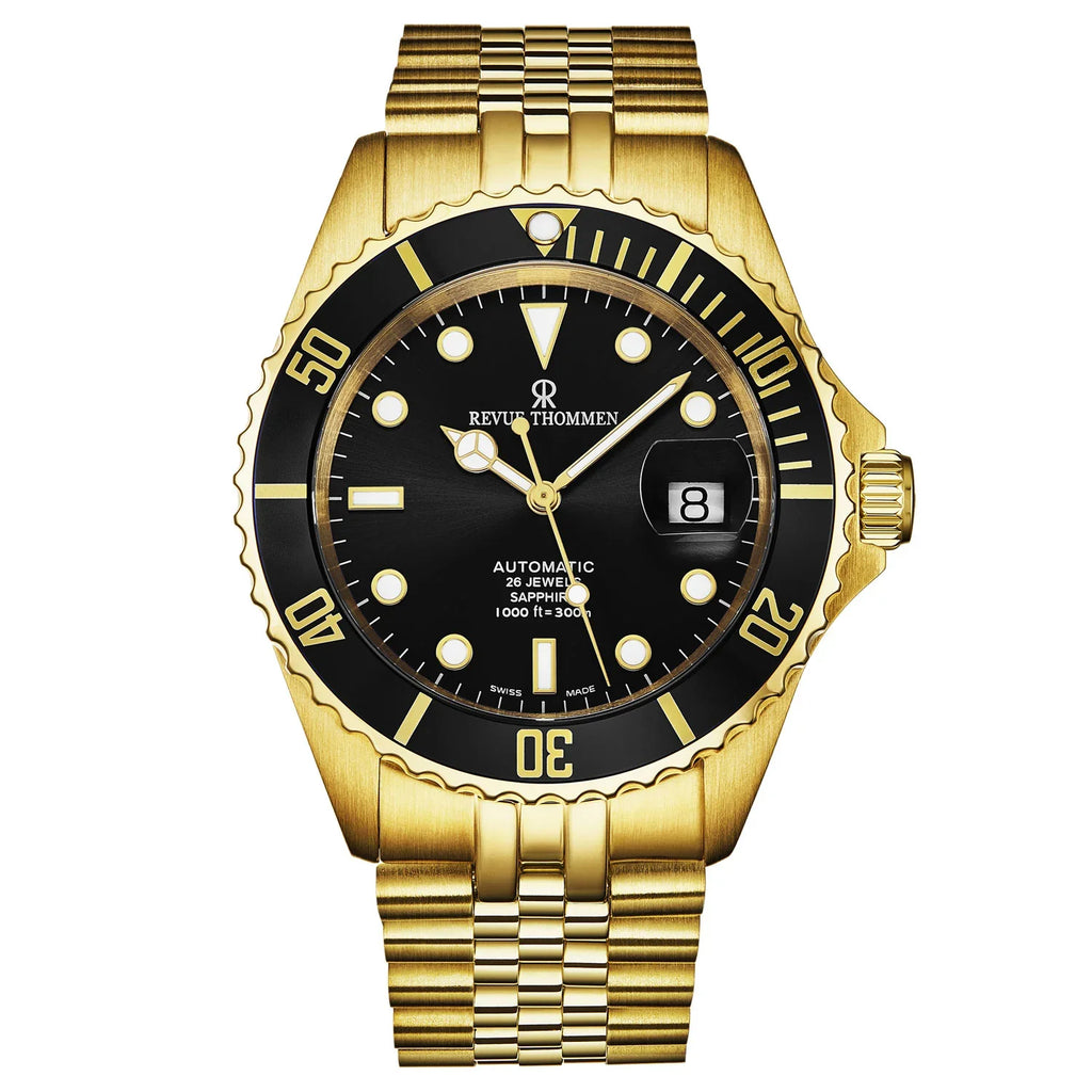 Revue Thommen Diver Men's 42mm Black Gold Automatic Watch