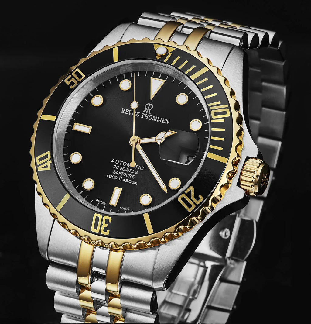 Revue Thommen Men's Diver 42mm Black Two-Tone Gold Automatic Watch