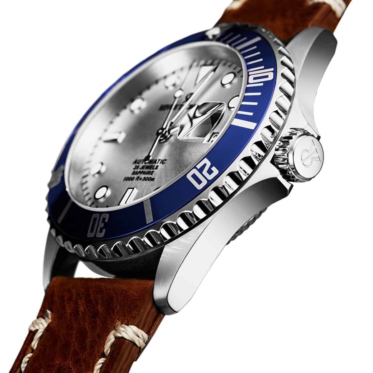 Revue Thommen Diver Men's 42mm Silver Brown Leather Strap Automatic Watch