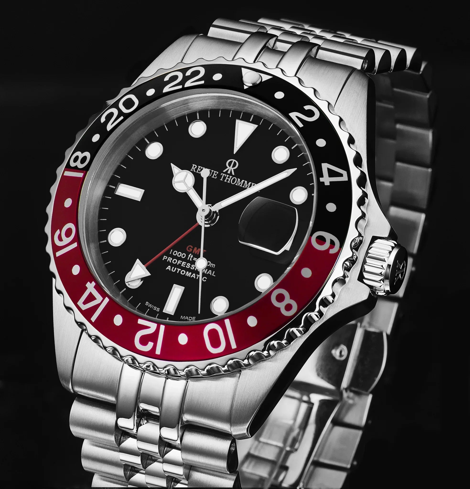 Revue Thommen Men's Diver GMT Stainless Steel 42mm Black Red Automatic Watch