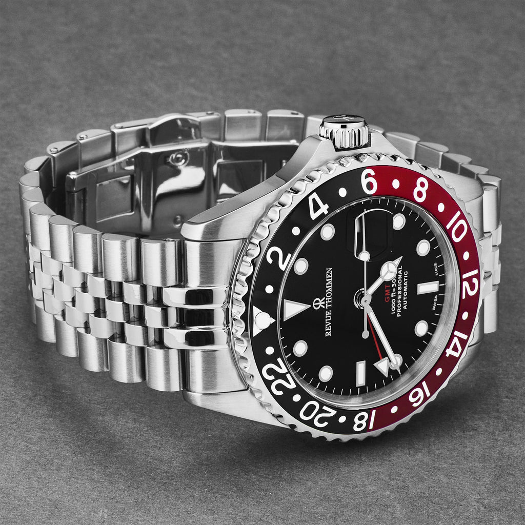 Revue Thommen Men's Diver GMT Stainless Steel 42mm Black Red Automatic Watch