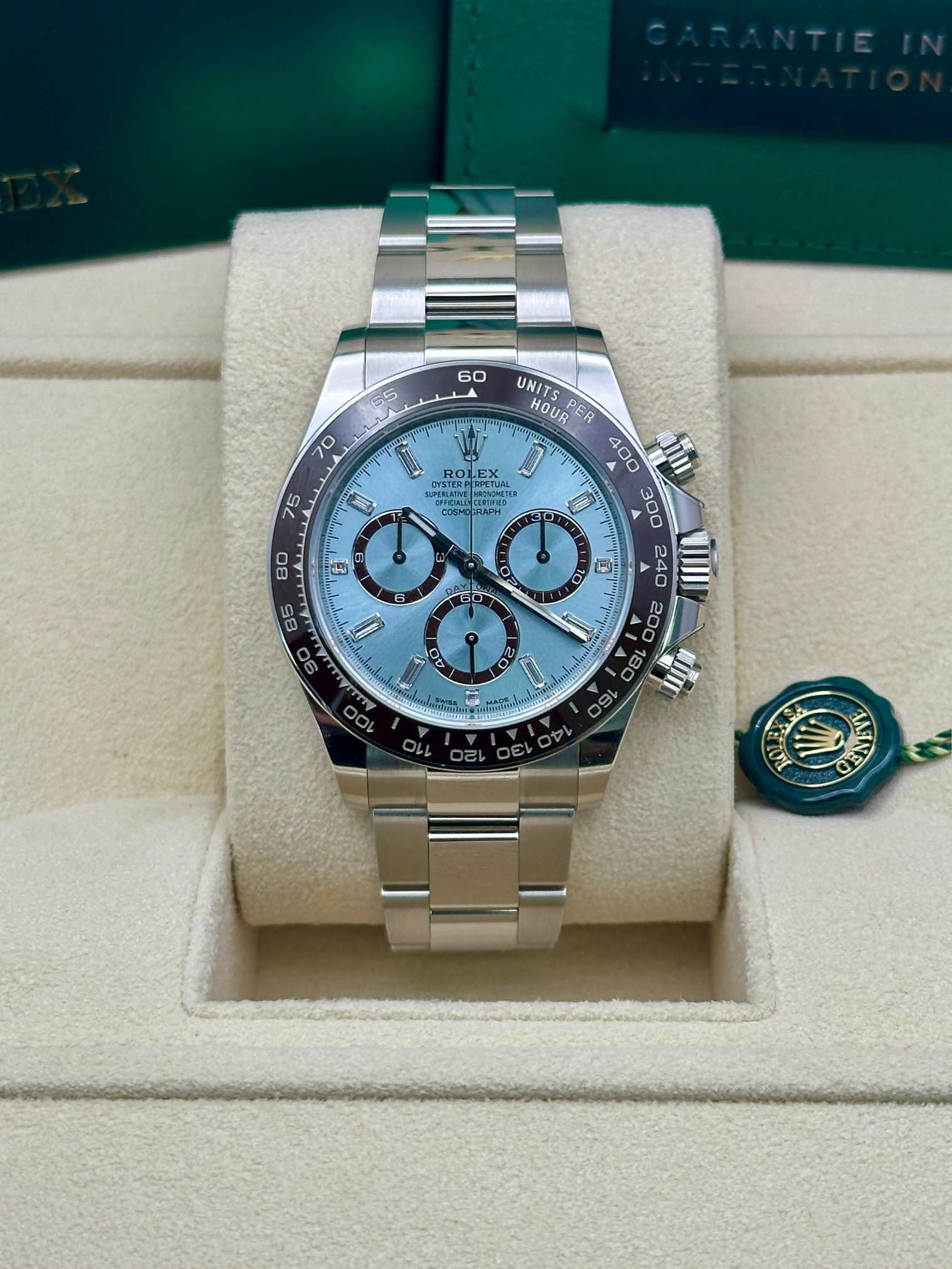 Rolex Platinum  Daytona  - Chestnut Brown Cerachrom Bezel - Ice Blue Baguette Dial - Oyster Bracelet - 126506 icebag