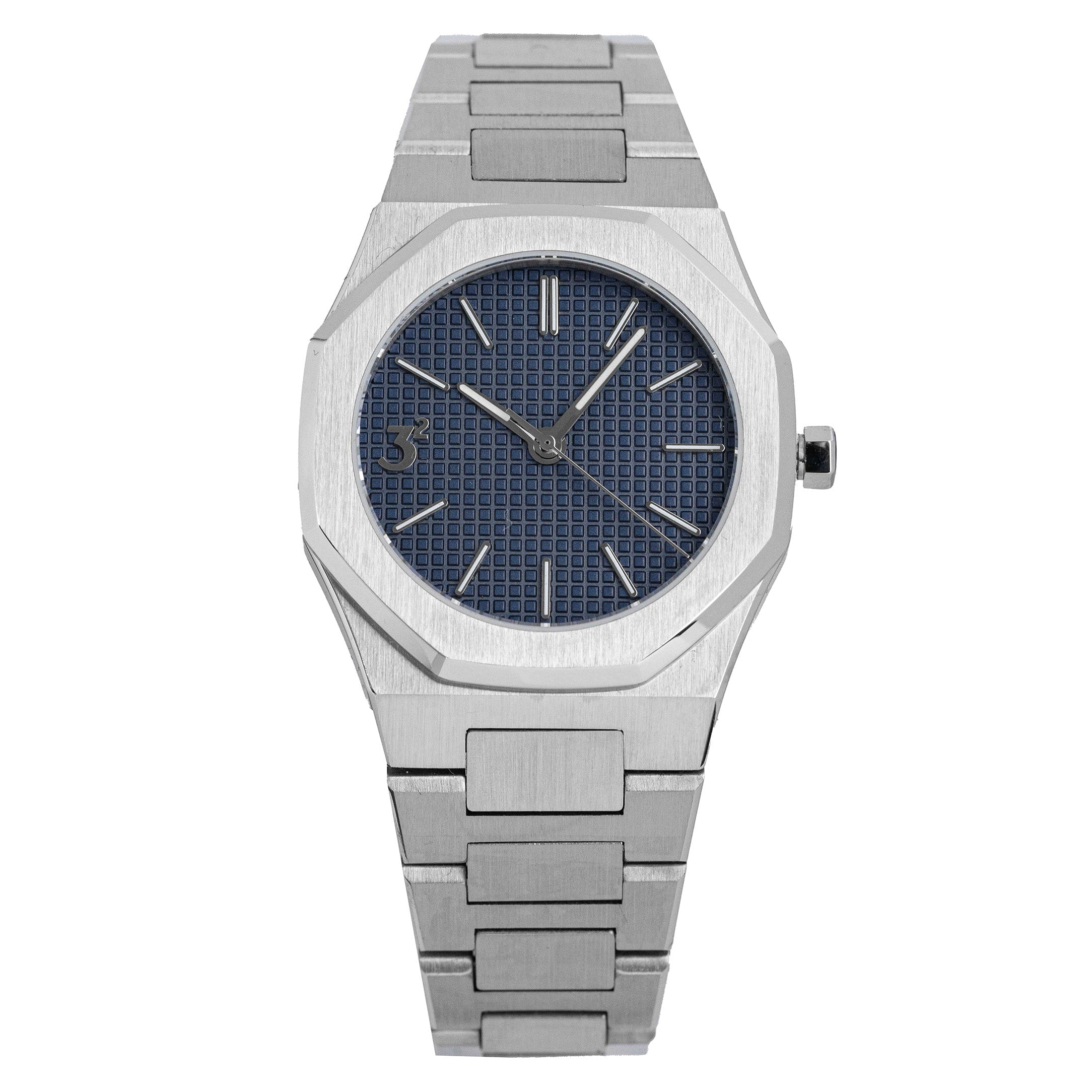 Three Square Quartz Men's Silver Blue Stainless Steel Watch