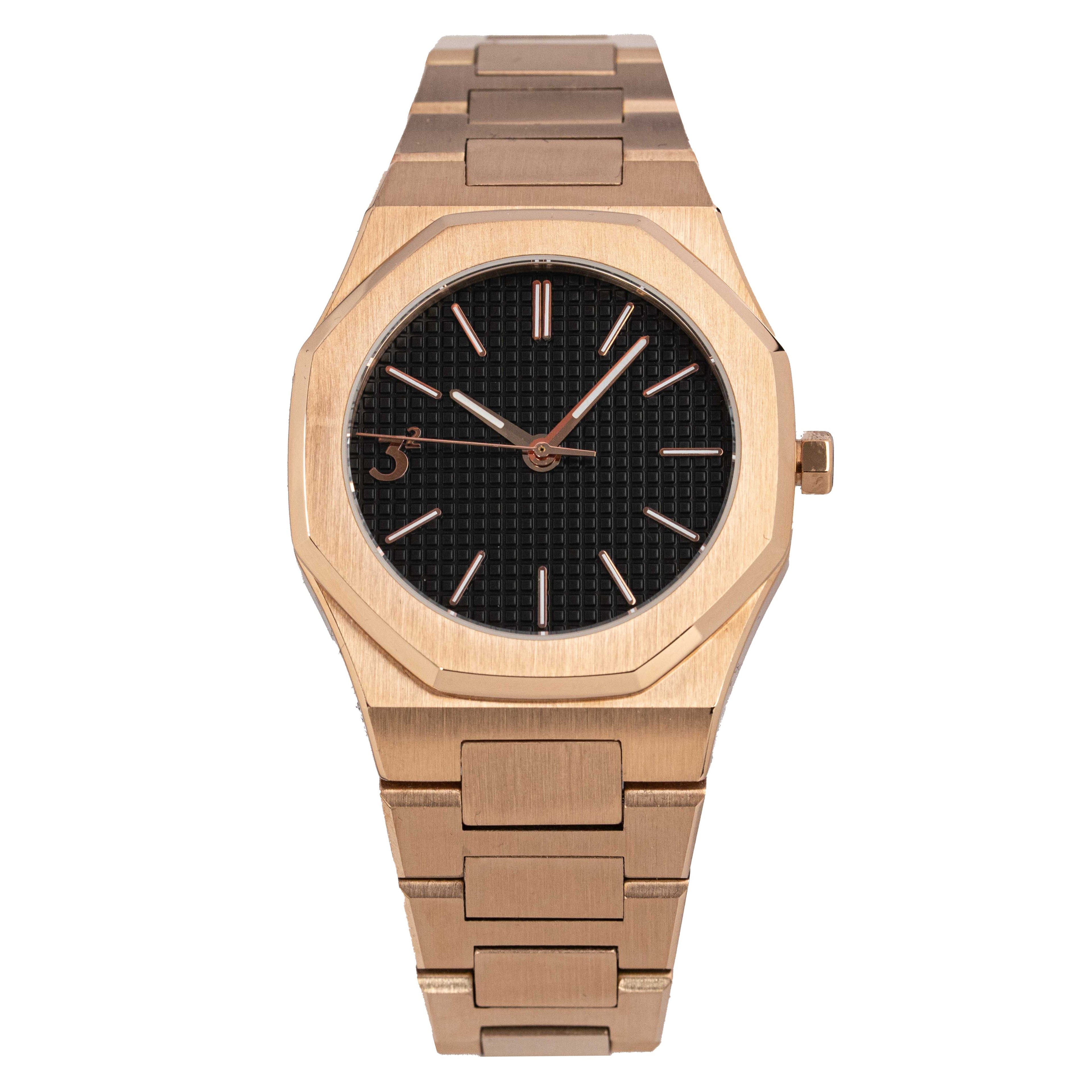 Three Square Quartz Men's Rose Gold Black Stainless Steel Watch