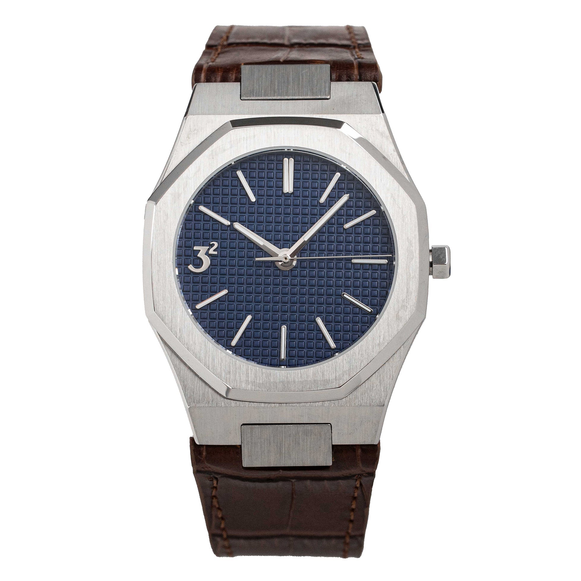Three Square Men's Silver Blue Quartz Brown Leather Watch