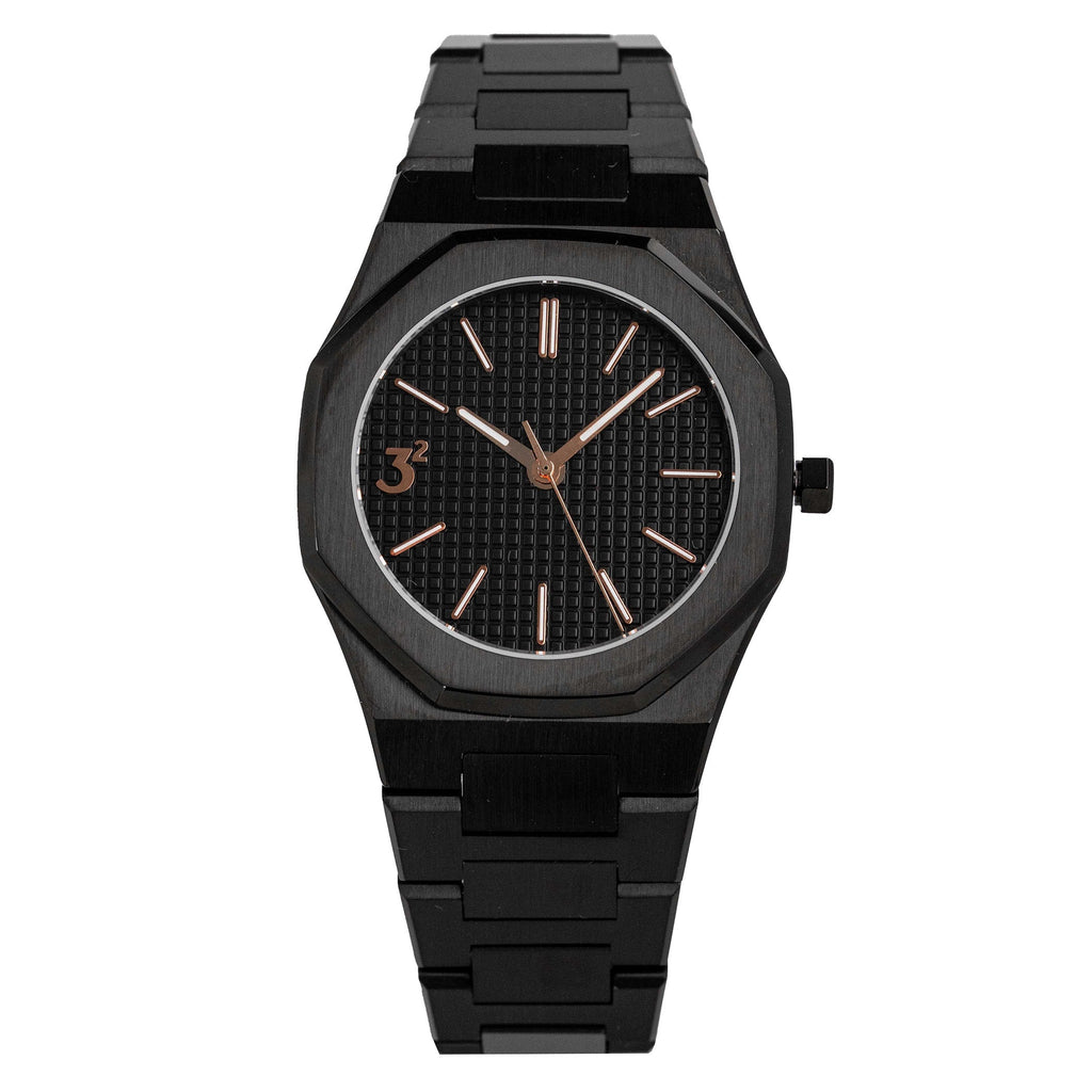Three Square Men's Black Rose Gold Quartz Stainless Steel Watch
