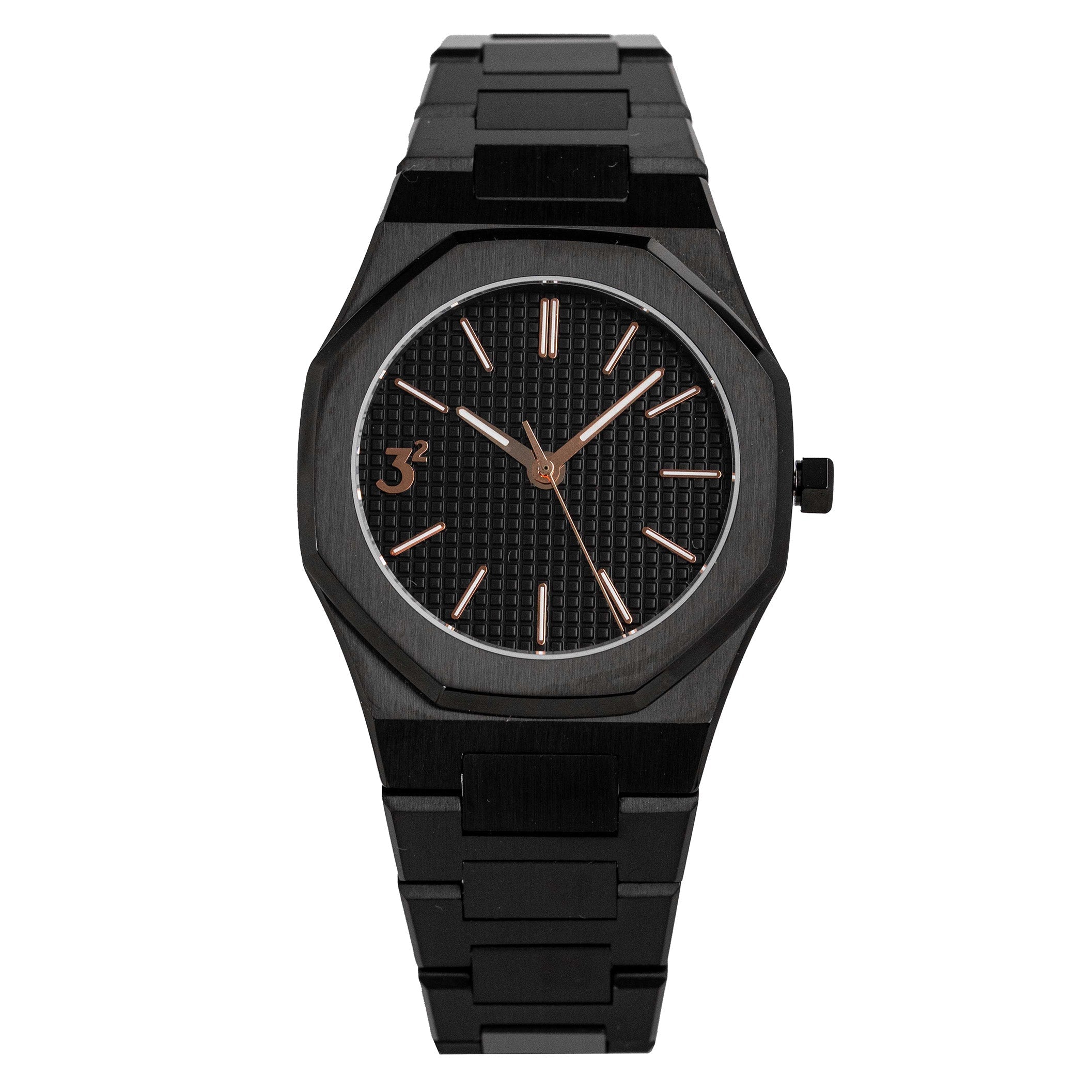 Three Square Men's Black Rose Gold Quartz Stainless Steel Watch