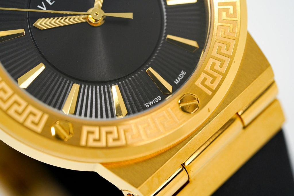 Versace Ladies Watch Greca Logo Gold Black Leather