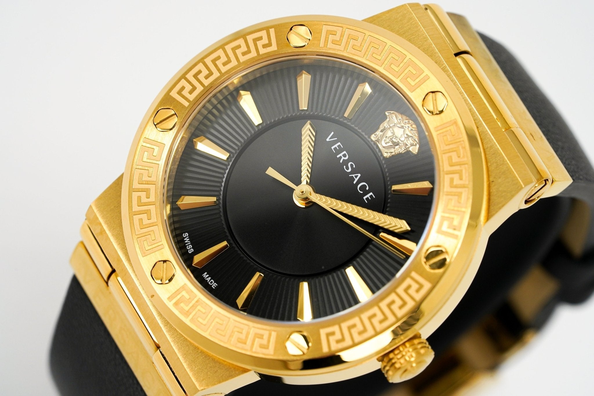Versace Ladies Watch Greca Logo Gold Black Leather