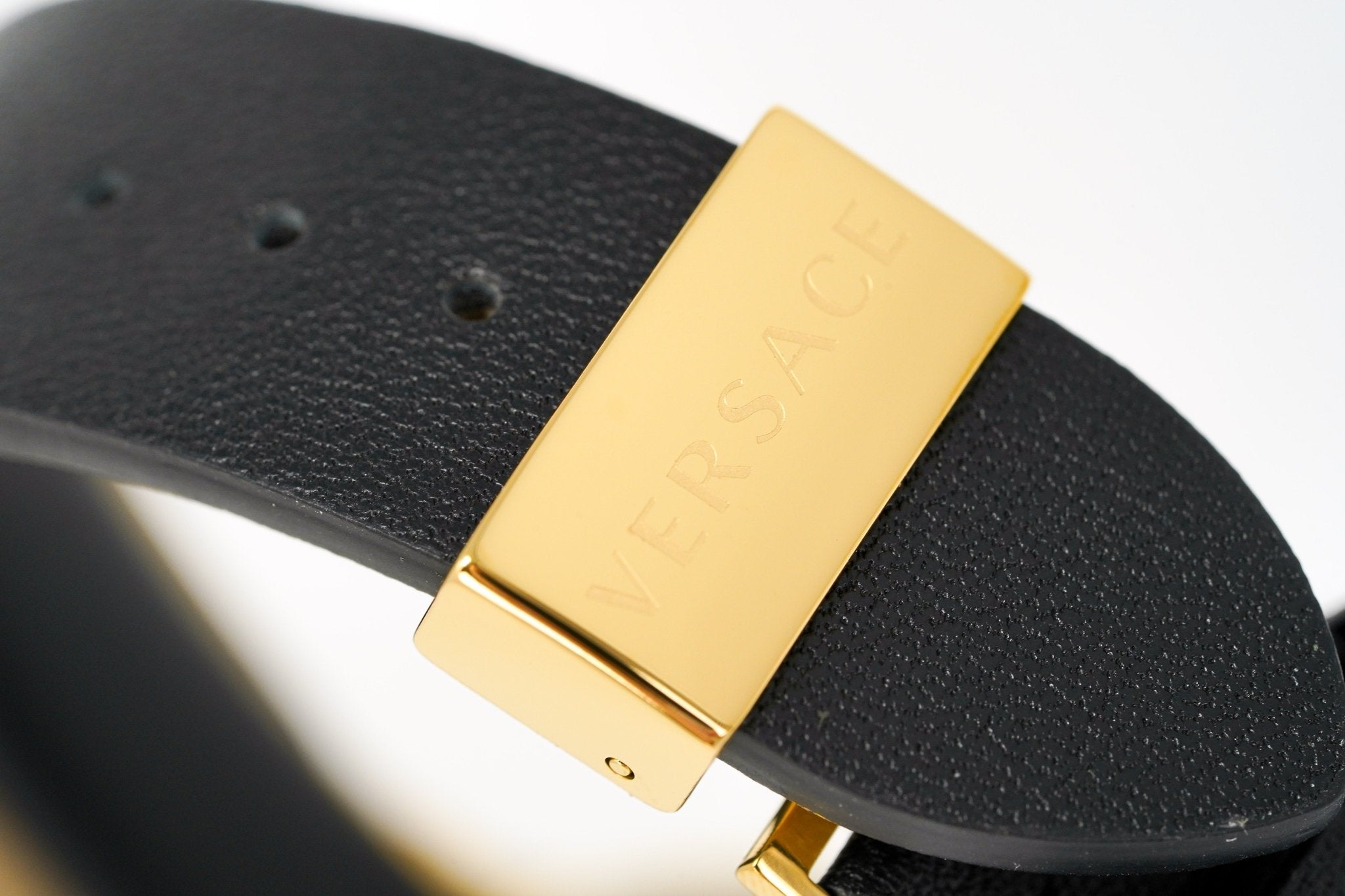Versace Ladies Watch Greca Logo Gold Black Leather
