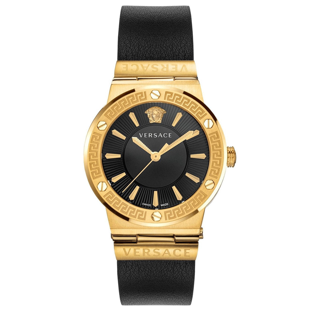 Versace Ladies Watch Greca Logo Gold Black Leather