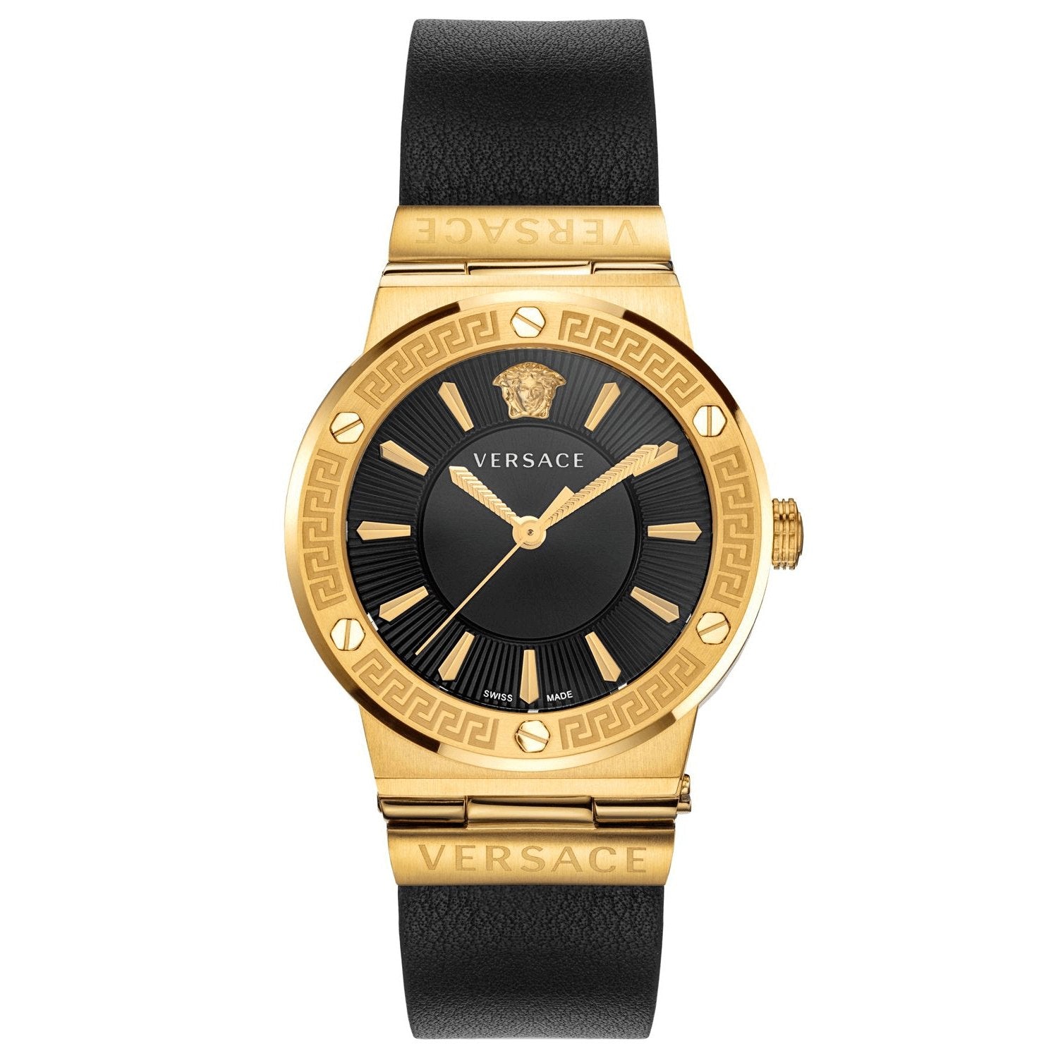 Versace Ladies Watch Greca Logo Gold Black Leather