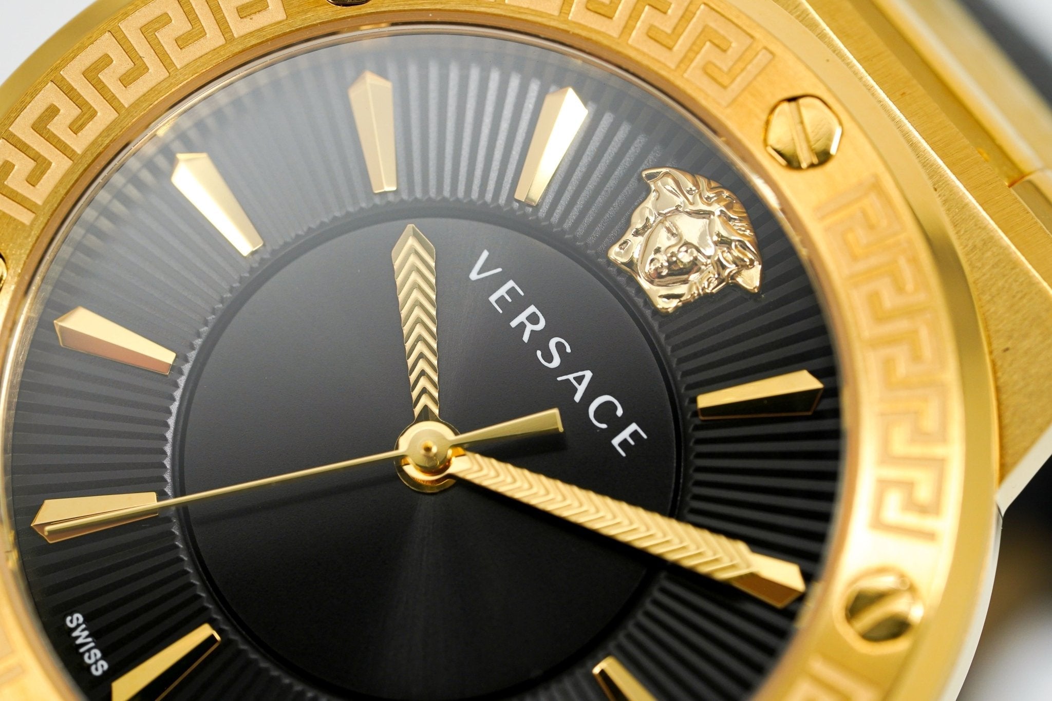 Versace Ladies Watch Greca Logo Gold Black Leather