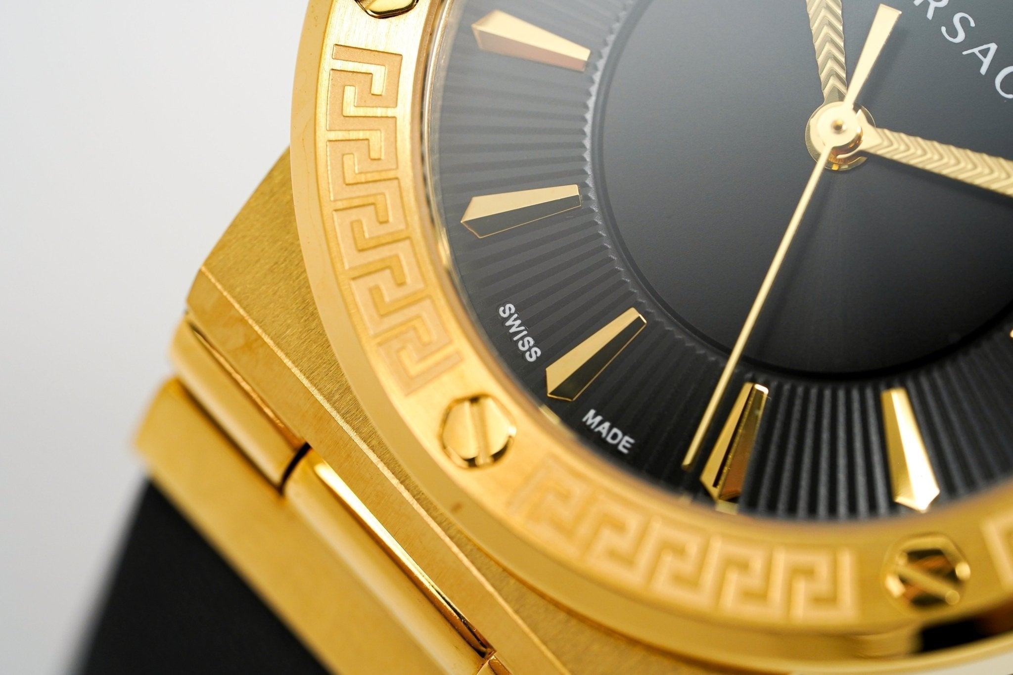 Versace Ladies Watch Greca Logo Gold Black Leather