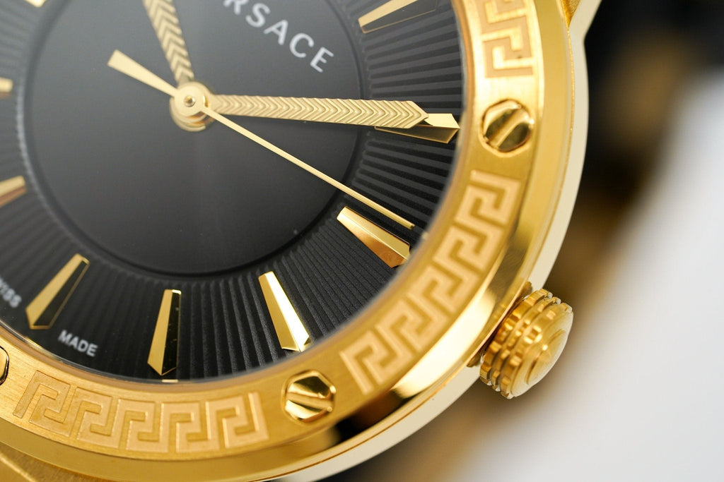 Versace Ladies Watch Greca Logo Gold Black Leather